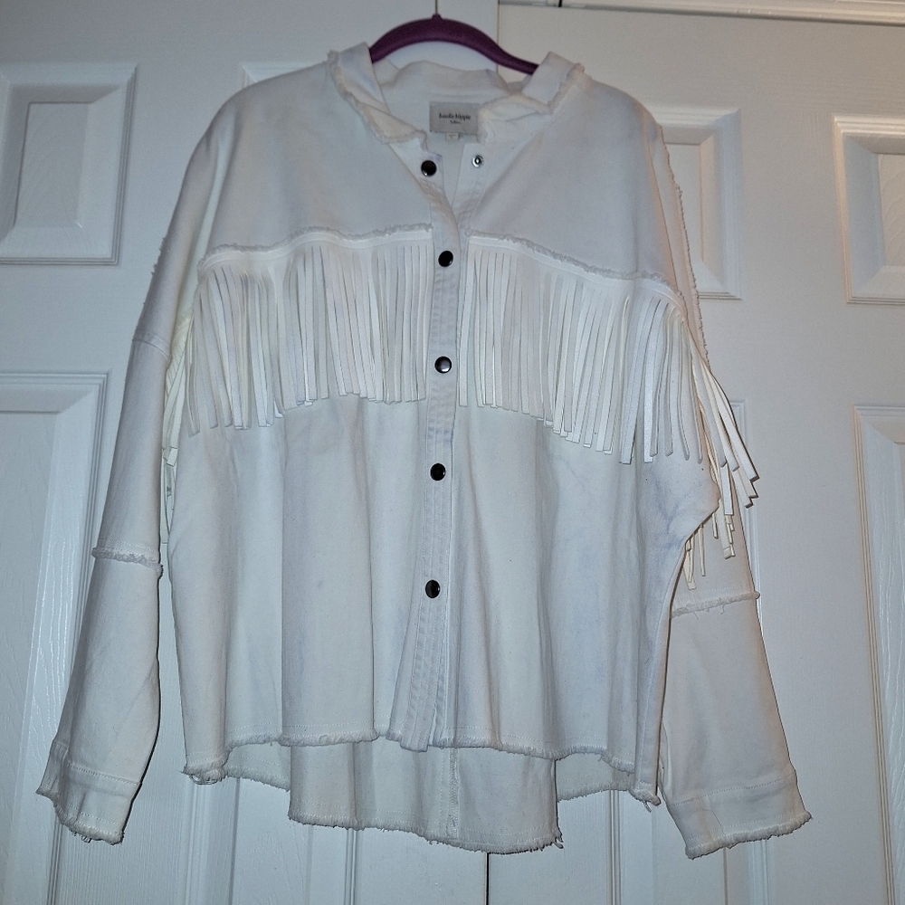Haute Hippie White Fringe Button-Up Jacket Size-Large